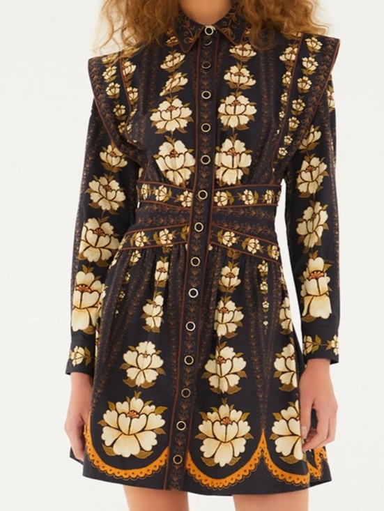 FARM Rio Dresses & Skirts - FARM Rio Black and Cream Floral Long-Sleeve Dress